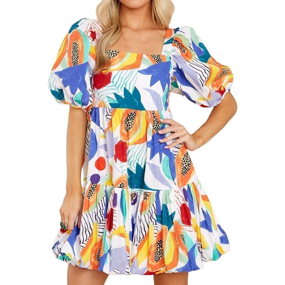 NWT Oliphant Papaya Yellow Bubble Skirt Puff Sleeve Cotton Mini Dress Size M